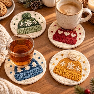 Handmade Punch Needle Coasters | Winter Beanie Texture Drink Mats (Set of 4)