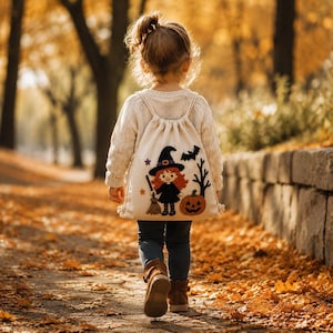 May include: A cream-colored drawstring backpack featuring an embroidered Halloween design of a witch with red hair, a broomstick, a jack-o'-lantern, a black bat, and a bare tree. The bag is worn over a beige knit sweater, dark pants, and brown boots.