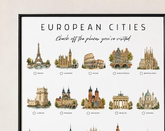 Affiche Villes d'Europe | Poster de Voyageur | Liste de Voyages | Décoration Murale Voyages | Affiche Destinations