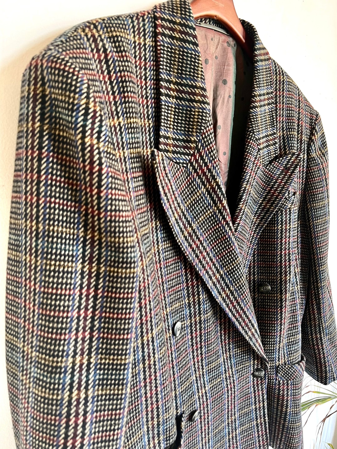 Vintage 80’s Checard Jacket, Fall Plaid Blazer, Blue Grey Black Yellow ...