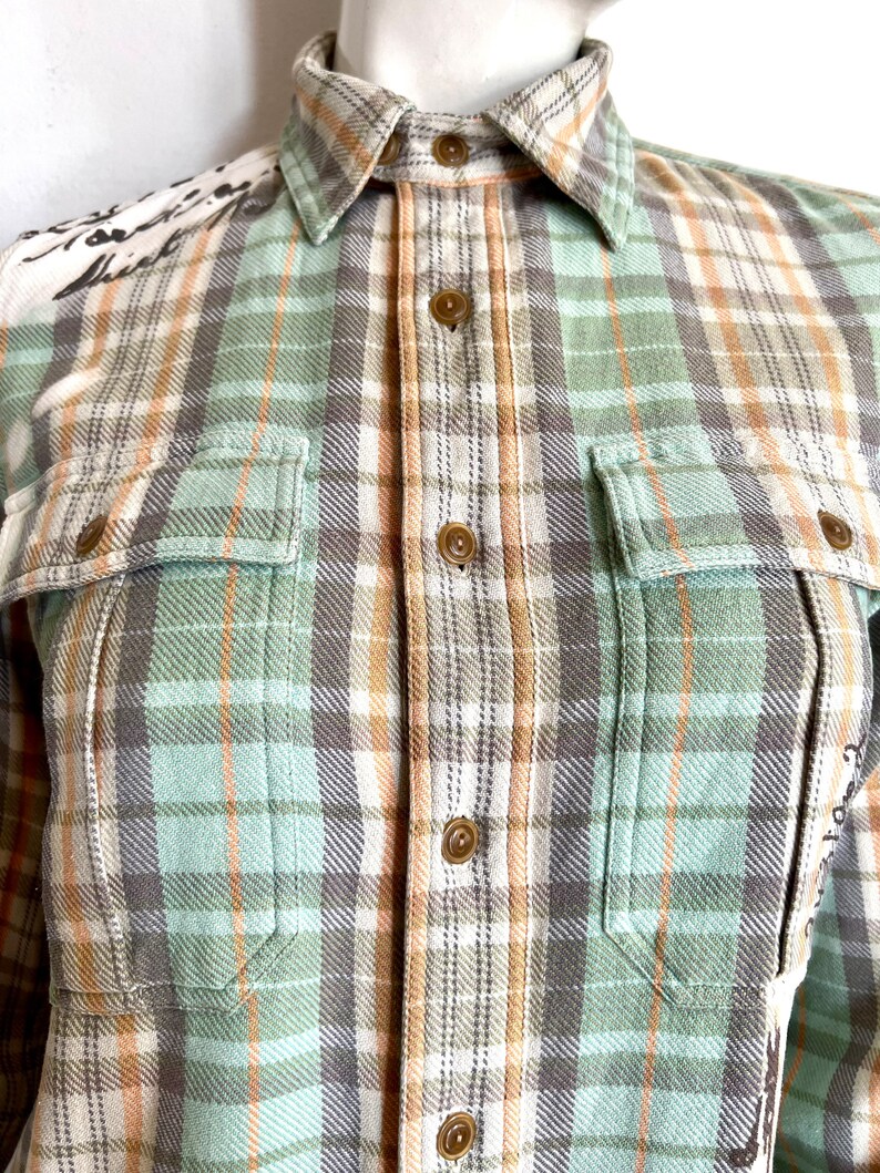 Vintage Ralph Lauren plaid shirt, hipster gingham shirt, green beige plaid shirt, street style shirt image 6