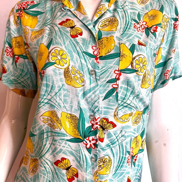 Vintage 90’s lemon print shirt, hipster print shirt, summer festival shirt fashion, fruit print blouse, festival fashion print shirt