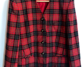Vintage 80s gingham blazer, plaid blazer, red black green yellow plaid, oversized Blazer, winter jacket blazer, wool Blazer