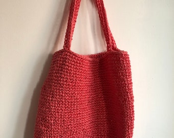 Vintage 90’s pink woven market bag, shopping bag, pink plastic woven hand bag, shopping bag, bright pink hipster bag, boho shopping  bag