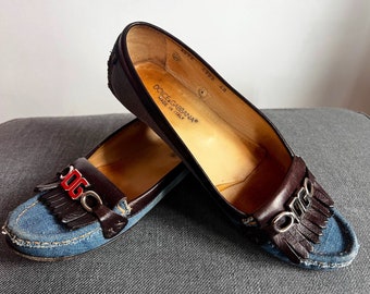 Vintage Dolce and Gabbana denim logo moccasins, hipster jeans design shoes, logo designer shoes, blue denim jeans shoes, made in Italy shoes