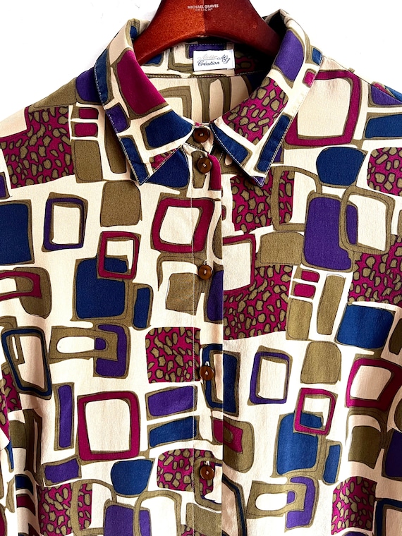 Vintage 90’s geometric print silk shirt, geometric print blouse, women abstract print shirt, long sleeves hipster shirt