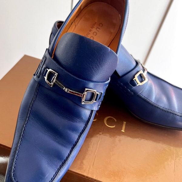 Vintage GUCCI men’s blue leather shoes, designed blue loafers, evening shoes, men’s Gucci shoes loafers, Gucci made in Italy shoes