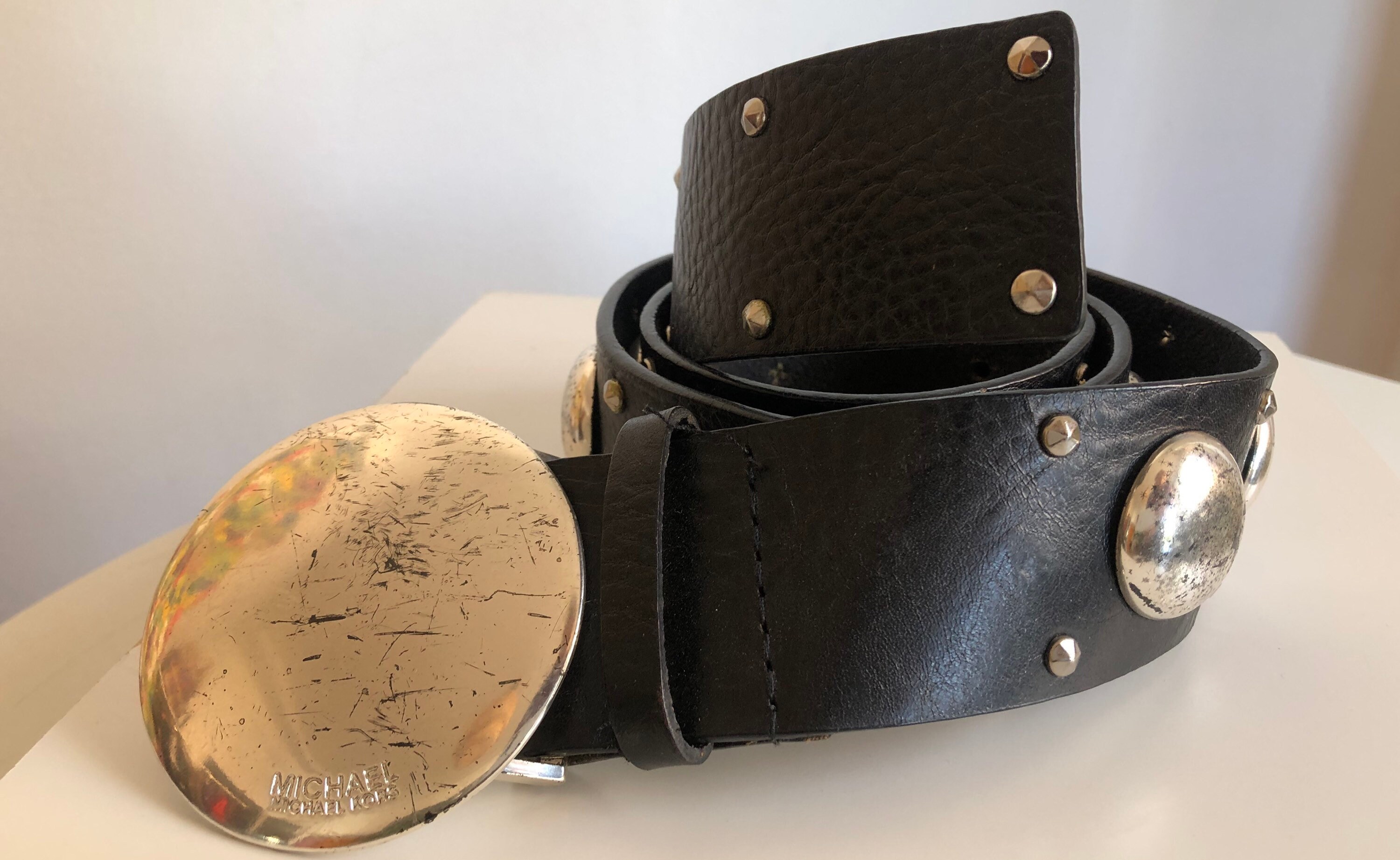 Vintage Statement Belt Black Leather + Large Silver Discs by Michael KORS sz XL Michael Kors Logo Reversible Belt With Silver Buckle,Black  main image 2