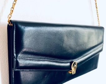 Borsa vintage in pelle blu scuro anni '80, borsa da donna hipster, borsa con manico a catena, borsa da sera, borsa a busta