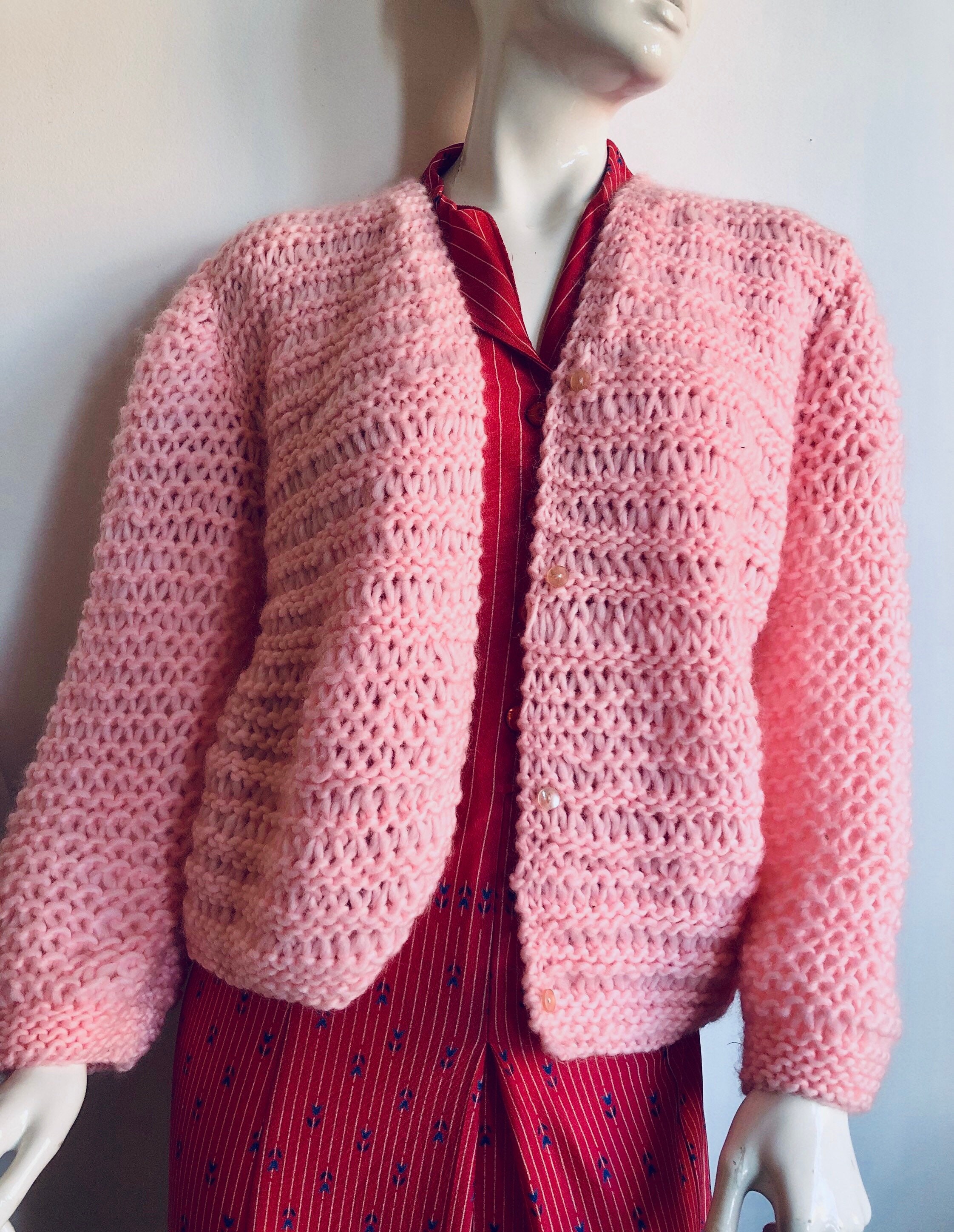 Vintage 80s Hand Knitted Pink Cardigan Oversized Cardigan - Etsy