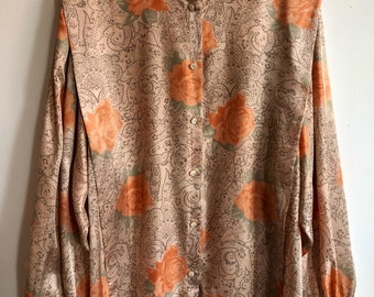 Vintage 80’s floral print blouse, orange roses print, long sleeves shirt, hipster print shirt, boho style blouse