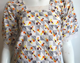 Vintage 70’s boho blouse, geometric print blouse, boho festival top, hippie style blouse