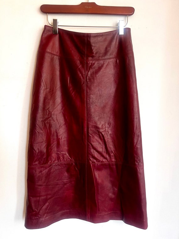 Vintage 90’s burgundy red leather skirt, dark red… - image 2