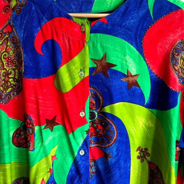 Vintage 80’s abstract print blouse, hipster shirt, bright colours summer blouse, hipster blouse, hearts and stars print shirt