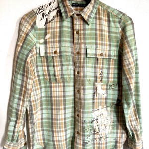 Vintage Ralph Lauren plaid shirt, hipster gingham shirt, green beige plaid shirt, street style shirt image 1