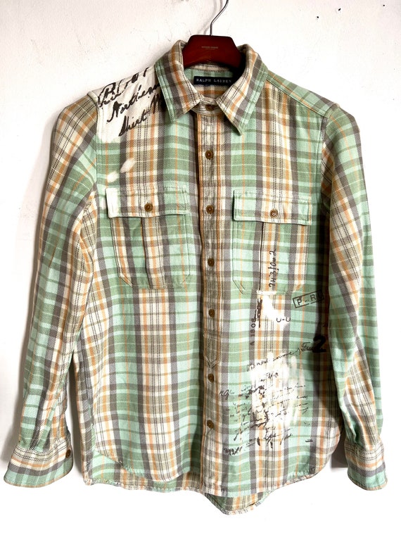 Vintage Ralph Lauren plaid shirt, hipster gingham shirt, green beige plaid shirt, street style shirt