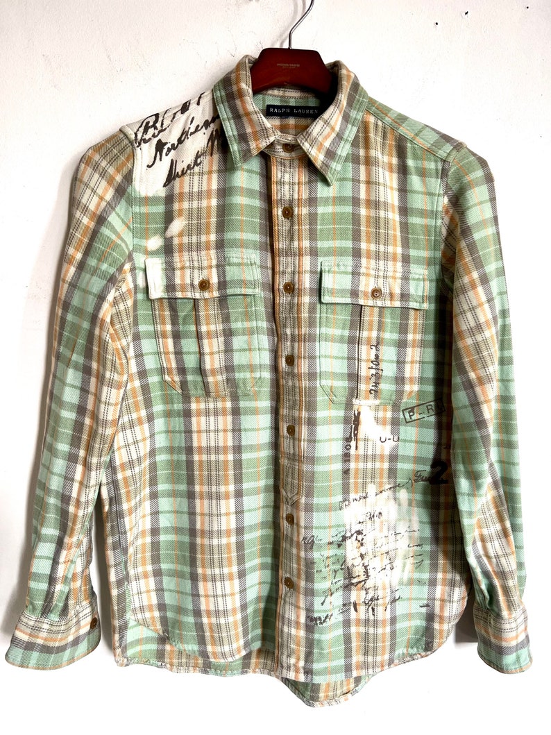 Vintage Ralph Lauren plaid shirt, hipster gingham shirt, green beige plaid shirt, street style shirt image 1