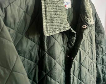 May include: Dark olive green quilted jacket with a corduroy collar. The jacket has a diamond pattern and button closure. The label reads "F NAF LEAGUE".