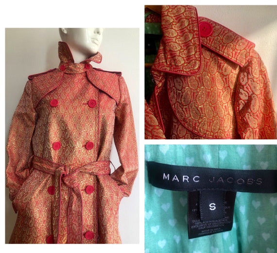 Vintage Marc Jacobs Gold Embroidery Trench Coat Coral Red and