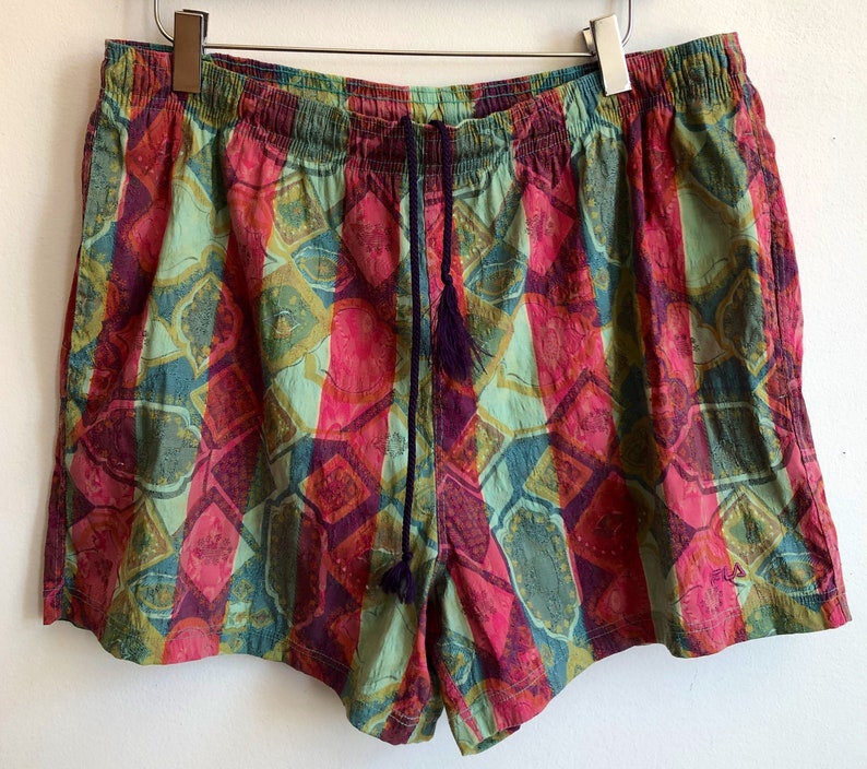 Vintage 90’s FILA men’s swim shorts, hipster print Fila shorts, swim suit print shorts, striped print hipster men’s shorts, summer shorts image 2