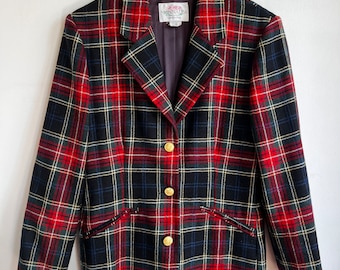 Vintage 80’s plaid blazer, red, green, blue gingham pattern, Christmas style jacket, Christmas blazer, winter fashion blazer