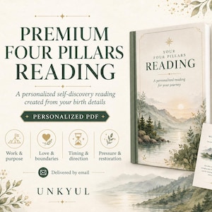 Op de afbeelding: Een digitale leesgids getiteld Premium Four Pillars Reading, met een boekomslag met een landschapsillustratie van bergen en een meer. Het document bevat secties over elementbalans, werk, doel, liefde en grenzen.