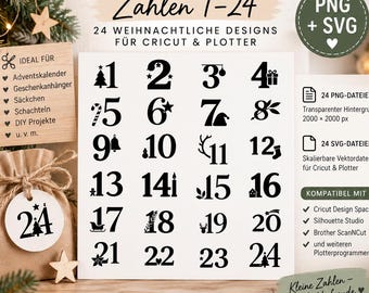 Advent calendar numbers 1-24 SVG & PNG, digital Christmas numbers for plotting, gift tags for Cricut