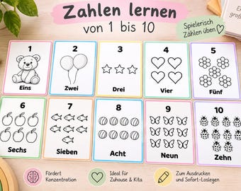 Number coloring pages 1-10 for children, learning to count preschool, 10 printable worksheets, PDF instant download