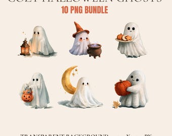 Cozy Halloween Ghost PNG Bundle, 10 Watercolor Ghost Clipart, Cute Sublimation Designs, Cricut Digital Download