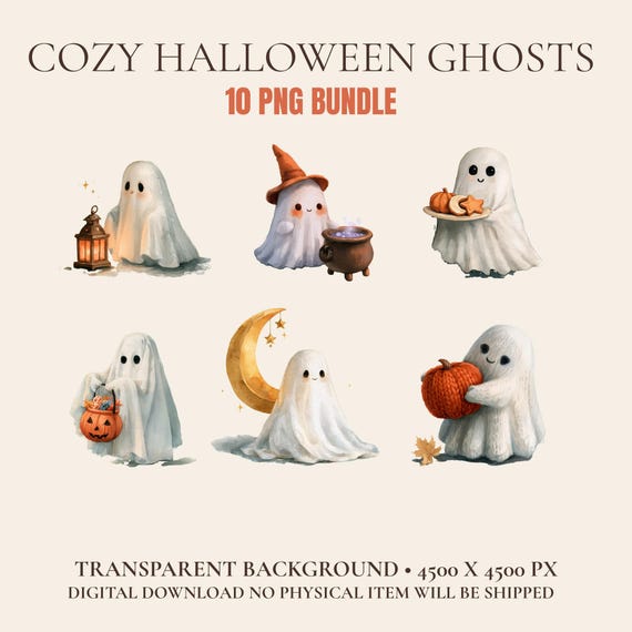 Cozy Halloween Ghost PNG Bundle, 10 Watercolor Ghost Clipart, Cute Sublimation Designs, Cricut Digital Download