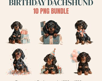Birthday Dachshund PNG Bundle, 10 Watercolor Dog Clipart, Doxie Birthday Party Sublimation, Transparent Background, Digital Download
