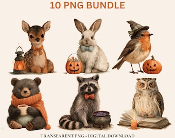 Halloween Woodland Animals PNG Bundle, 10 Forest Animal Clipart, Watercolor Halloween PNG, Cute Woodland Clip Art, Digital Download