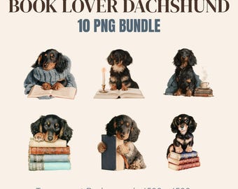 Book Lover Dachshund PNG Bundle, 10 Watercolor Sausage Dog Clipart, Reading Dog Sublimation, Transparent PNG Digital Download