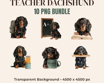Teacher Dachshund PNG Bundle, 10 Watercolor Sausage Dog Clipart, Teacher Appreciation Gift, School Sublimation Digital Download