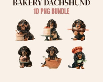 Baking Dachshund PNG Bundle, 10 Watercolor Sausage Dog Clipart, Baker Dog Sublimation, Transparent PNG Digital Download