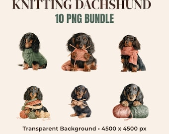 Knitting Dachshund PNG Bundle, 10 Watercolor Sausage Dog Clipart, Yarn Lover Sublimation, Crochet Craft Digital Download