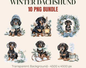 Winter Dachshund PNG Bundle, 10 Watercolor Dog Clipart, Cozy Doxie Sublimation Designs, Transparent Background, Digital Download