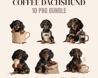 Coffee Dachshund PNG Bundle, 10 Watercolor Sausage Dog Clipart, Transparent Background, Barista Coffee Lover Sublimation Download