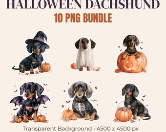 Halloween Dachshund PNG Bundle, 10 Cute Wiener Dog Clipart Designs, Spooky Sublimation PNG, Commercial Use, Digital Download