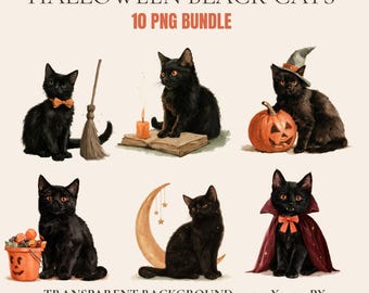 Halloween Black Cat PNG Bundle, 10 Watercolor Cat Clipart, Witchy Sublimation Designs, Cricut Digital Download