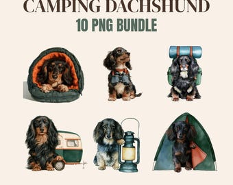 Camping Dachshund PNG Bundle, 10 Watercolor Sausage Dog Clipart, Outdoor Dog Sublimation, Transparent PNG Digital Download