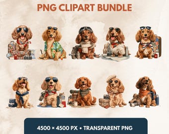 Travel Dachshund PNG Clipart Bundle: 10 Transparent Watercolor Dog Illustrations