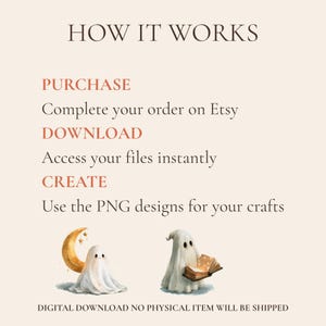 May include: An instructional graphic titled HOW IT WORKS with three steps: PURCHASE, DOWNLOAD, and CREATE. It explains the process of ordering, accessing files, and using PNG designs. Two ghost illustrations are included, one with a moon.