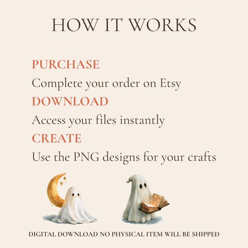 May include: An instructional graphic titled HOW IT WORKS with three steps: PURCHASE, DOWNLOAD, and CREATE. It explains the process of ordering, accessing files, and using PNG designs. Two ghost illustrations are included, one with a moon.