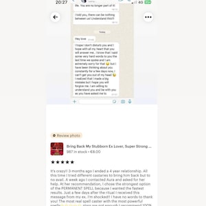 May include: A mobile phone screen displaying a messaging app conversation with text bubbles. The top messages show a breakup, while the bottom message expresses regret and a desire to reconcile. Below the chat is a product review for a spell service.