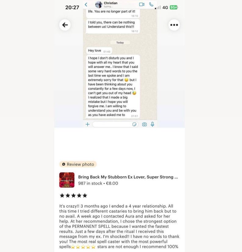 May include: A mobile phone screen displaying a messaging app conversation with text bubbles. The top messages show a breakup, while the bottom message expresses regret and a desire to reconcile. Below the chat is a product review for a spell service.
