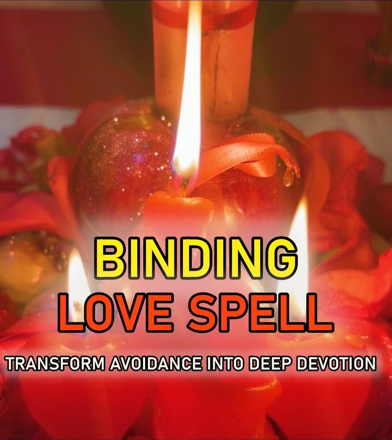 May include: A collection of red candles with lit flames surrounded by red rose petals. The text BINDING LOVE SPELL is printed in large yellow and orange letters, with the text TRANSFORM AVOIDANCE INTO DEEP DEVOTION printed below in white.