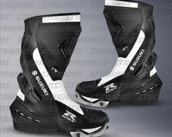 Suzuki GSXR Black and White Motorcycle Racing Leather Boots, Armored Protective and Comfortable