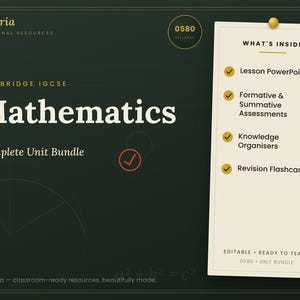 Könnte beinhalten: Ein dunkelgrünes Bildungsressourcen-Paket für Cambridge IGCSE Mathematik 0580. Die Grafik enthält den Text Praxoria, Mathematics und eine Inhaltsliste mit Lesson PowerPoints, Formative & Summative Assessments, Knowledge Organisers und Revision Flashcards.