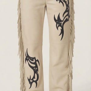 Women's Beige Leather Fringe Pants Tribal Applique Western Trousers